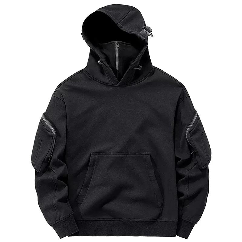 Men's Techwear Zip Up Hoodies Dark Souls Cyberpunk Sweatshirts High Neck Mask Windproof Pullovers Dark Black Cargo Tops