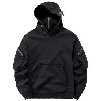 ARENS Techwear Herren-Kapuzenpullover mit Reißverschluss, Dark Souls Cyberpunk-Sweatshirts, Stehkragen, Maske, winddichte Pullover, dunkelschwarze Cargo-Oberteile