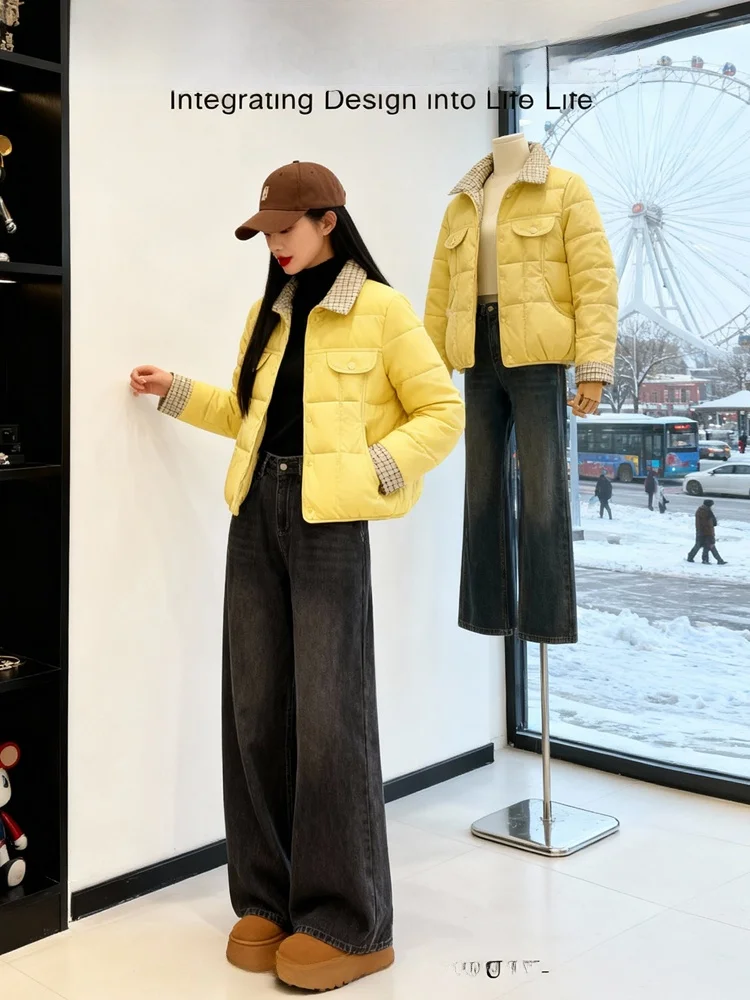 

Faionable ort Thiened Fce Women's Jaet Winter Warm Outerwear Korean Sle Loose Fit Stand Collar Single Button Clo...