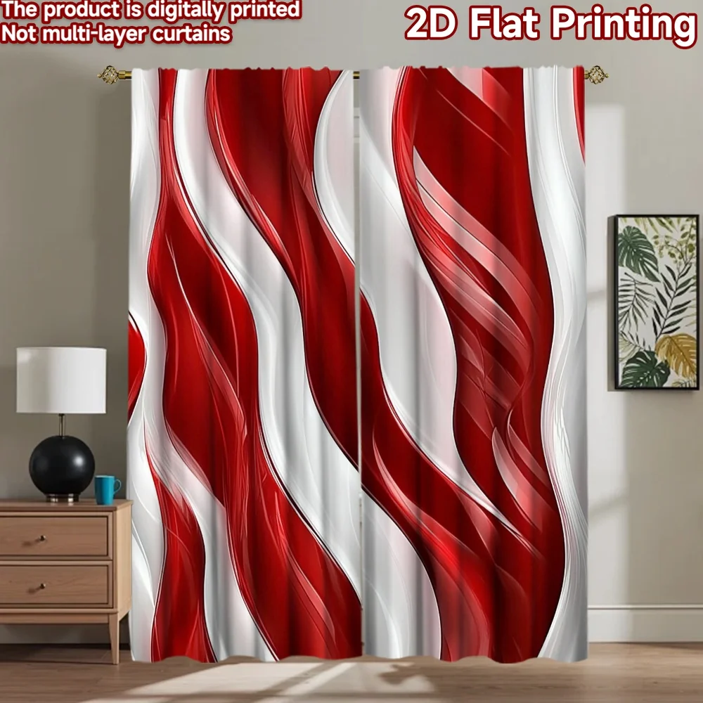 2D flat 2pcs Curtain Home Short Curtains Red White Flowing Waves Digitally printed polyester, colorfast Holiday Decorations