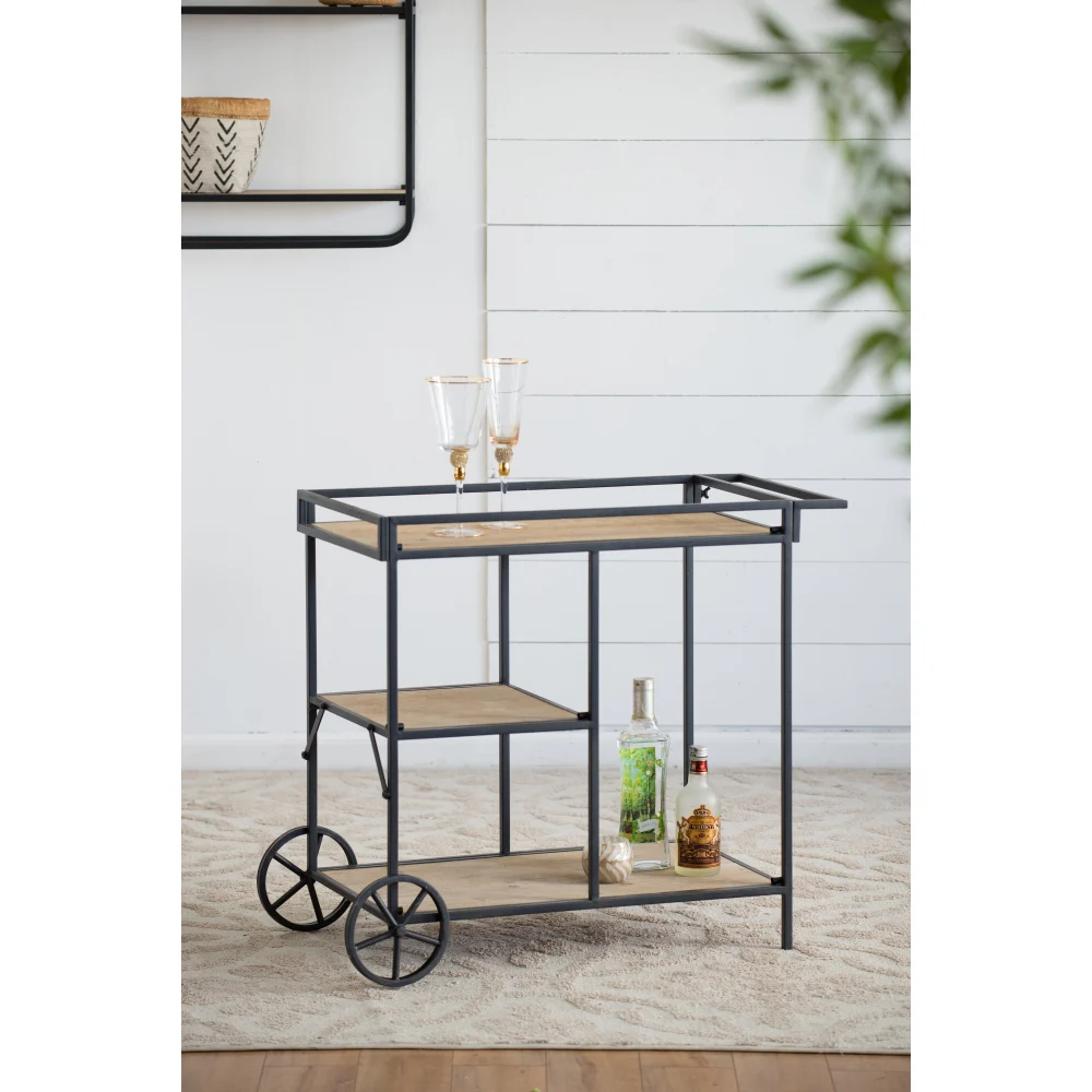 

32 Inch Bar Cart, 3 Tiers, Fir Wood Shelves, Iron Frame, Bar Cart