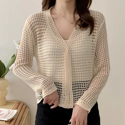 Women New Versatile Hollow Out Cardigan Summer V-neck Loose Sunscreen Shirt Buttons Casual Outer Wear Mesh Lazy Long Sleeved Top