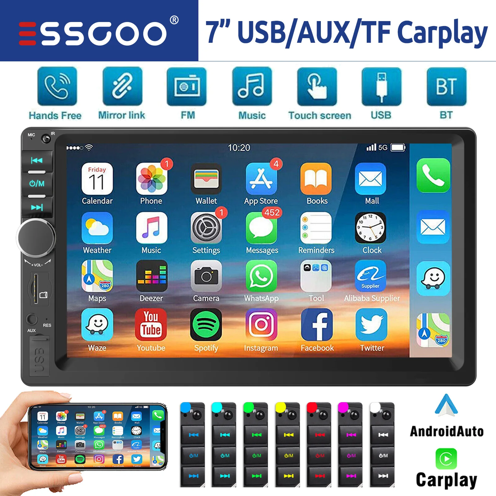 ESSGOO 7 Inch Apple Carplay Android Auto Double 2 DIN Car Stereo Head Unit Radio TF AUX FM Bluetooth USB Mirror Link MP5 Player