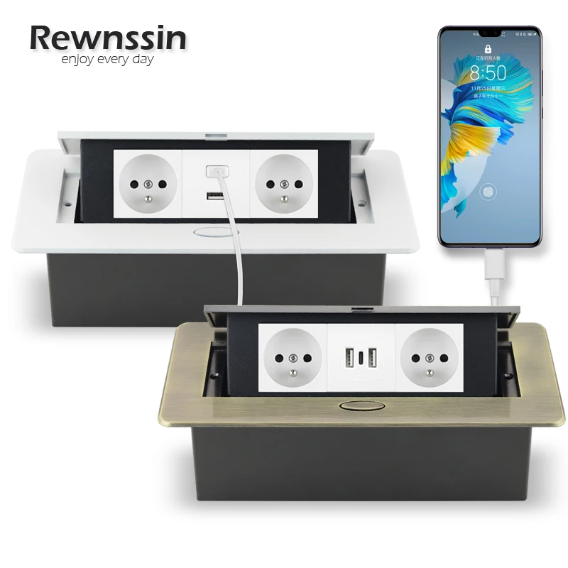 Standard French standard pop-up desktop socket, three sockets with Dual USB type-c interface, metal panel, two colors available