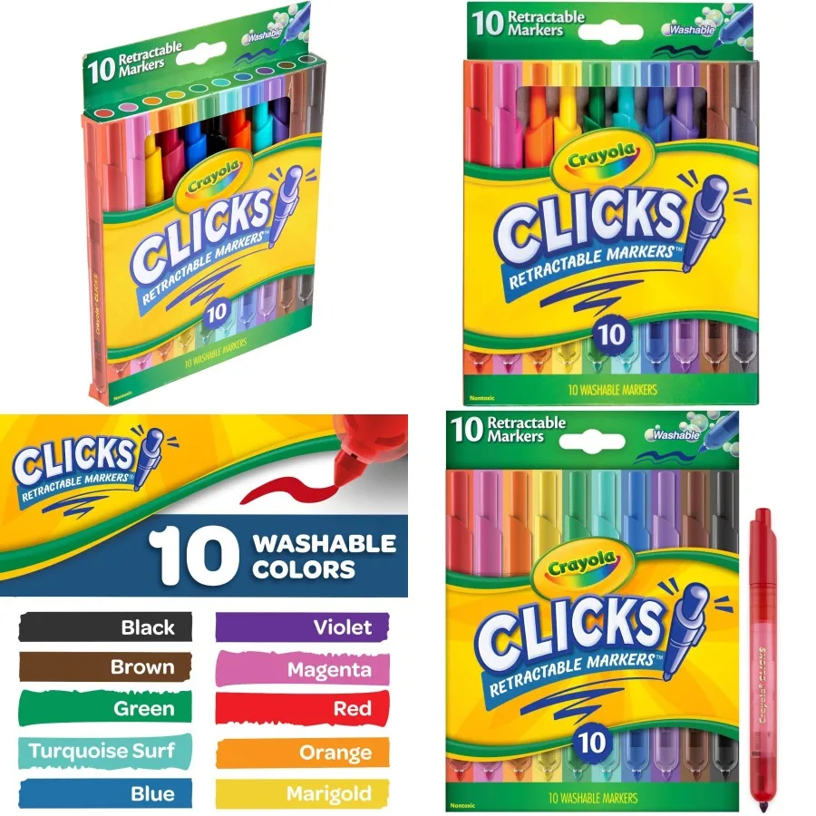 

Маркеры с выдвижным наконечником Crayola Clicks, 10 карат, наполнители для чулок для малышей, моющийся набор художественных маркеров с коническим наконечником, раскраска, поставка
