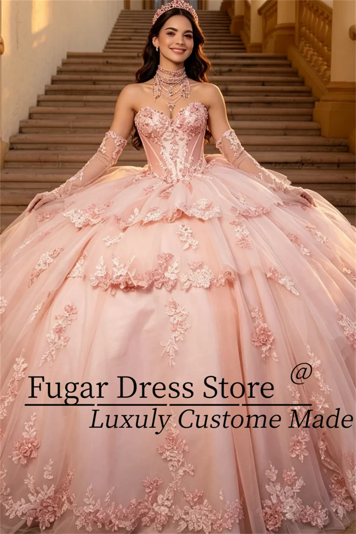 Customized Blush Pink Quinceanera Dress Strapless 3D Floral Lace Appliques Detachable Long Gloves Tiered Gown Sweet 16 Dress
