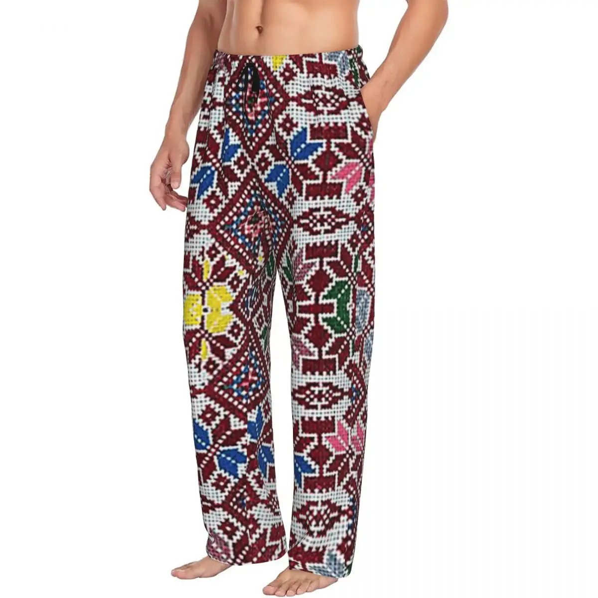Custom Embroidery The Palestinian Traditional Tatreez Men Pajama Pants Lounge Sleep Sleepwear Bottoms with Pockets