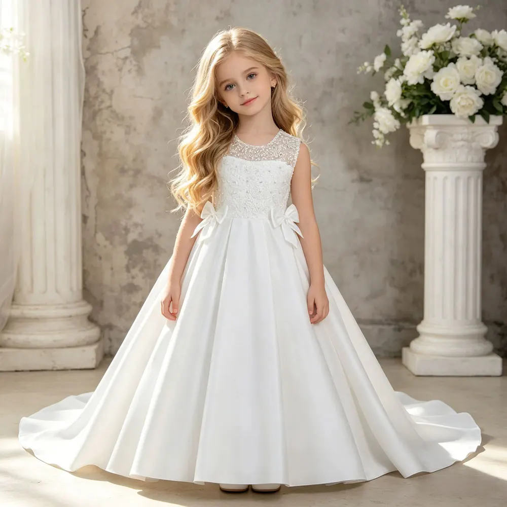 Kids Girls Satin Trailing Princess Dress 7‑12 Years Sleeveless Beaded Lace Bow Girl Evening Gown Summer Girl Evening Gown