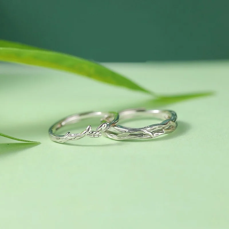 Sweet Romantic Silver Color Twig Thorn Leaf Couples Rings Simple Branch Geometric Open Adjustable Rings Lovers Valentine's Day