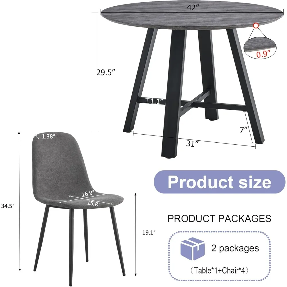 طقم طعام خشبي مستدير باللون الرمادي مقاس 42 بوصة مع كراسي قماش تتسع لـ 4 أشخاص #3