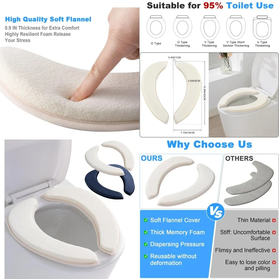 

Soft Thicker Flannel Bathroom Toilet Seat Cover 2 Pack Non Slip Warmer Comfortable Seat Cushions with Memory Foam Easy Install