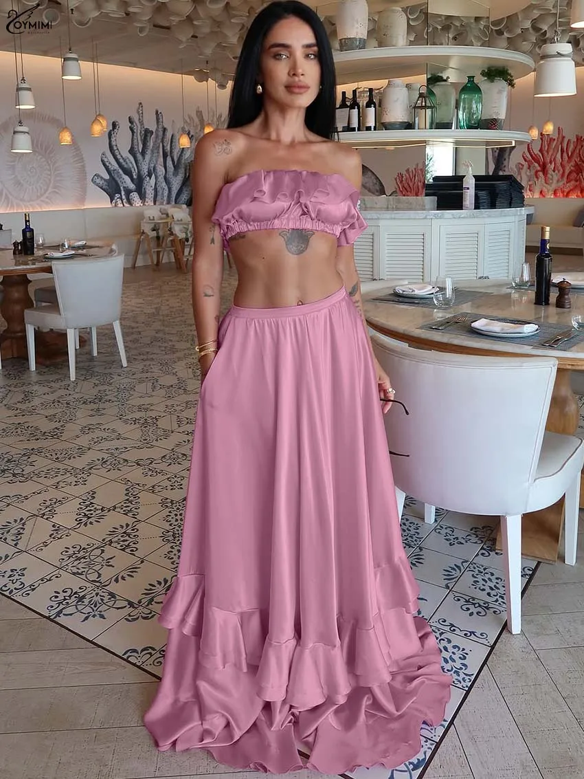 

Oymimi Casual Pink Women' S Clothes 2 Piece Sets Fashion Strapless Ruffled Crop Tops And Pockets Pleated Floor-Length Skirts Set