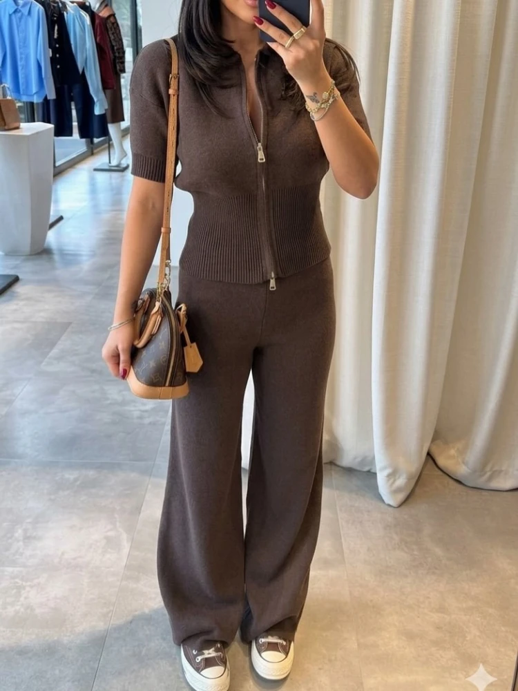 Sunuyoo Women's Ribbed Knitted Two-piece Zipper Open Top and Pants Set Casual Home Wear Suitable for Home and Street Wear