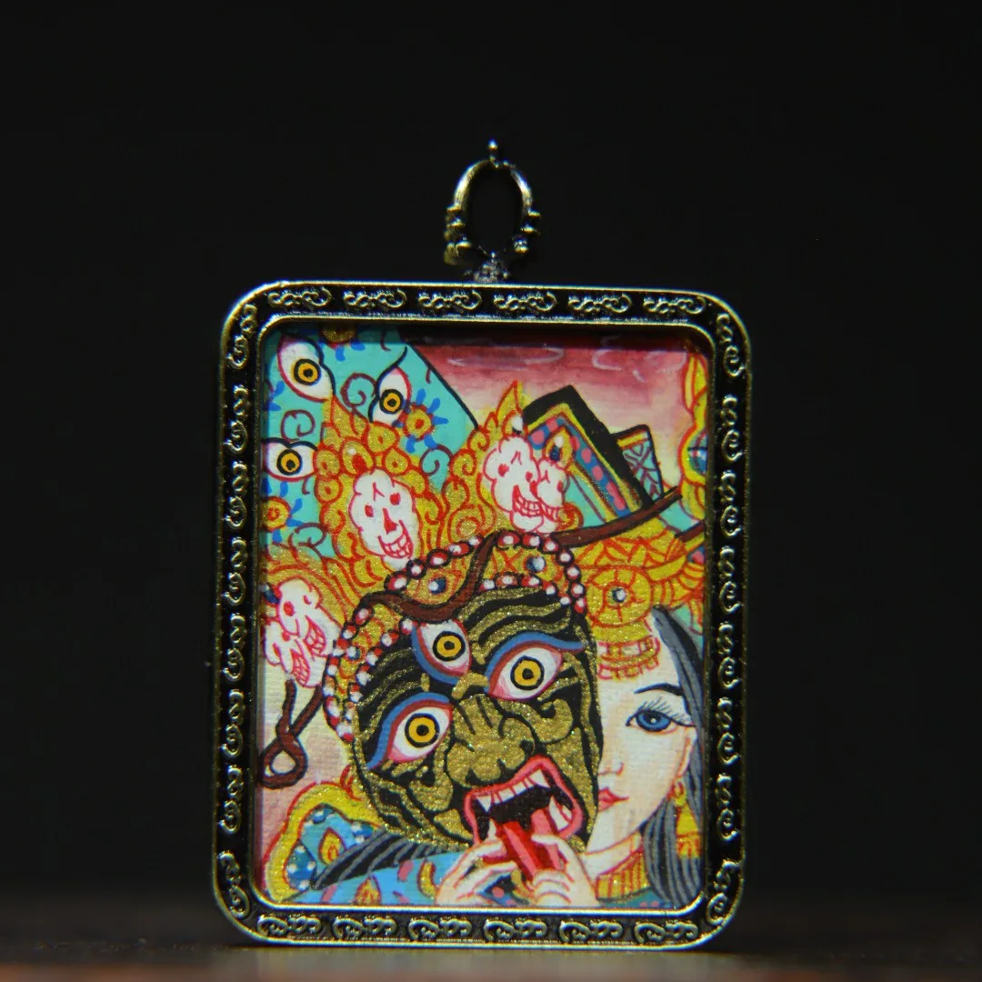 Tibetan Buddha copper frame painted Zakiram Tara Buddha thangka pendant square necklace pendant jewelry 6.3 cm