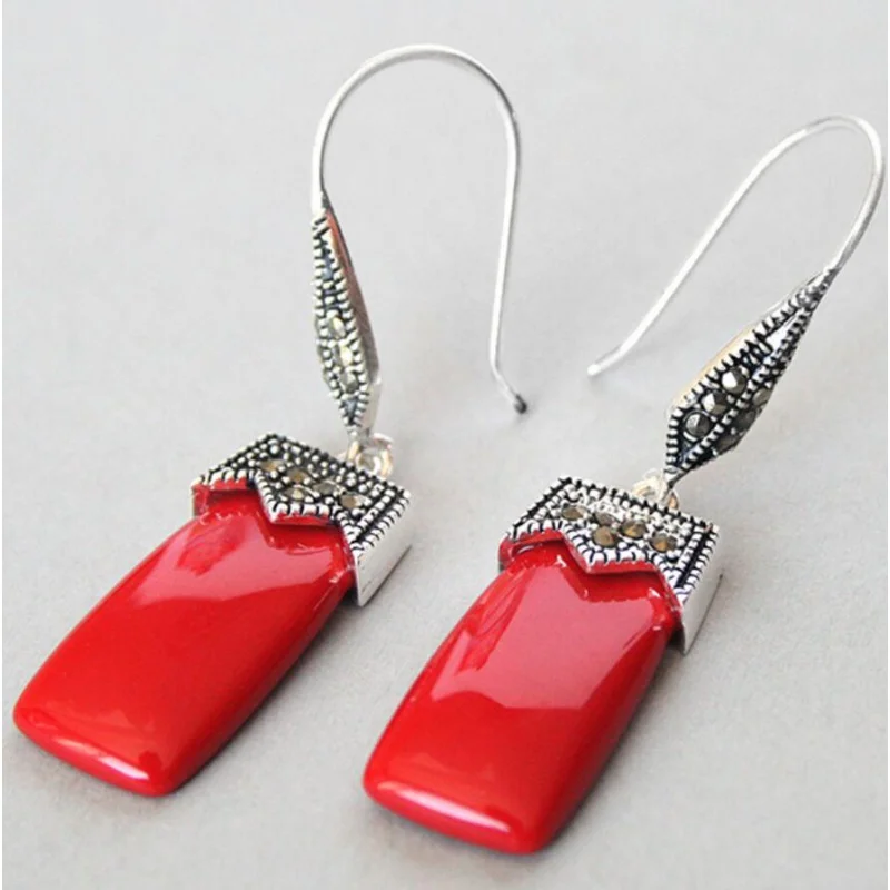 

Jewelry NICE VINTAGE RED CORAL 925 SILVER & MARCASITE EARRINGS 2"