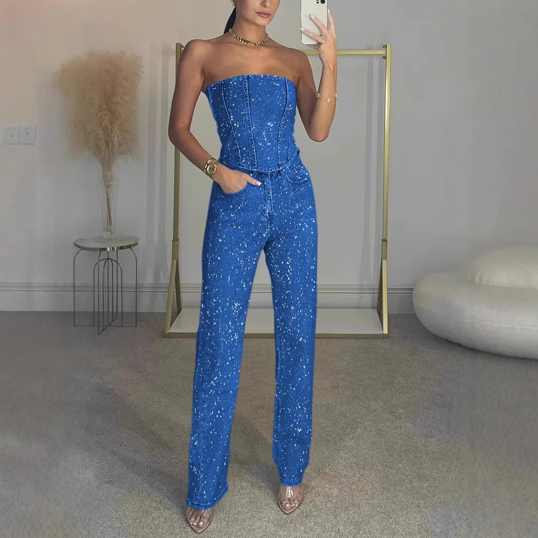 

2025 European and American Sexy Off-the-shoulder Shiny Vest Diamond Trousers Set Two-piece Set for Women