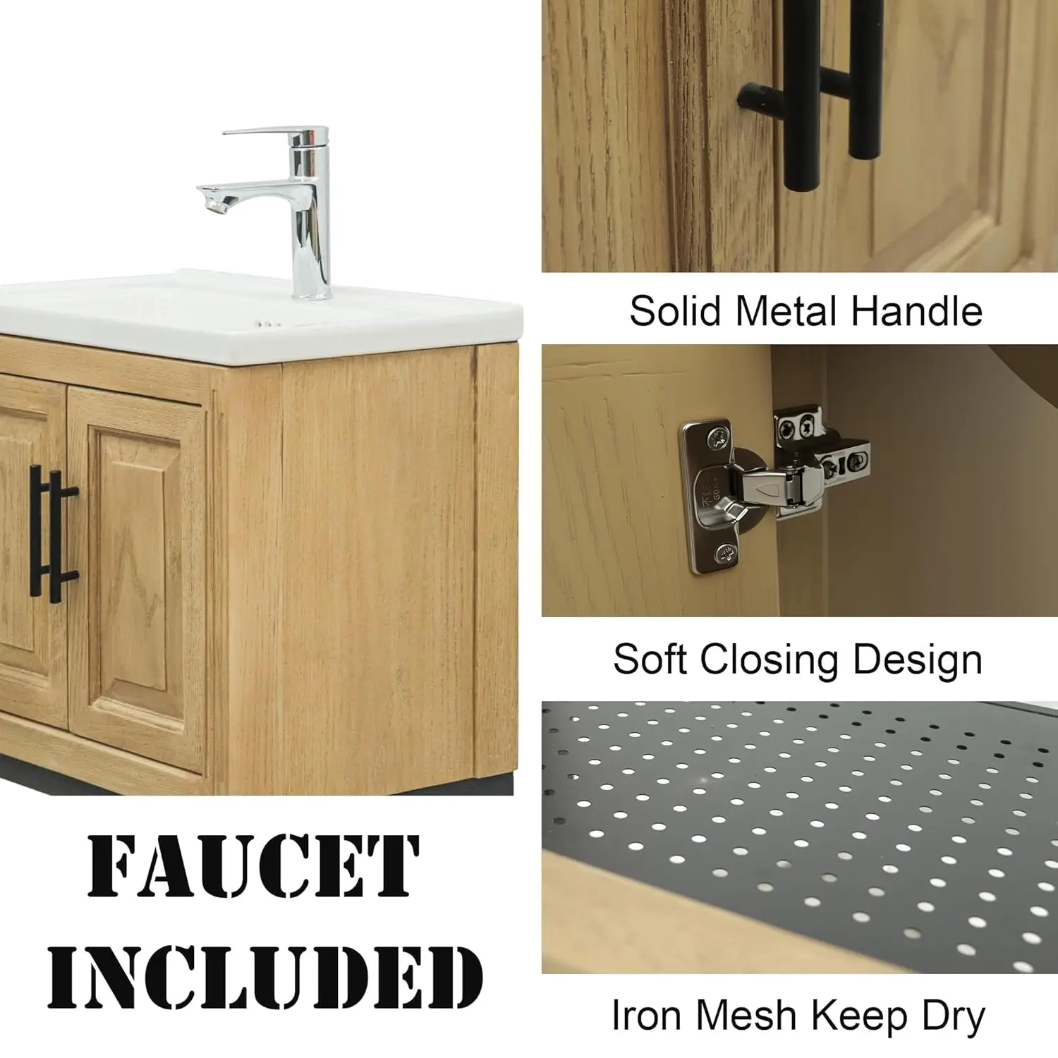 Gabinete de Banheiro Moderno de 24 polegadas com Pia, Lavabo de Cerâmica e Torneira, Personalizado