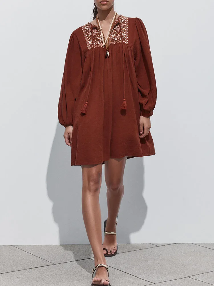 فستان نسائي جديد ربيعي وصل حديثًا مطرز بشكل أنيق ورقبة دائرية وأكمام طويلة وطول قصير على الطراز الفني ثوب عصري