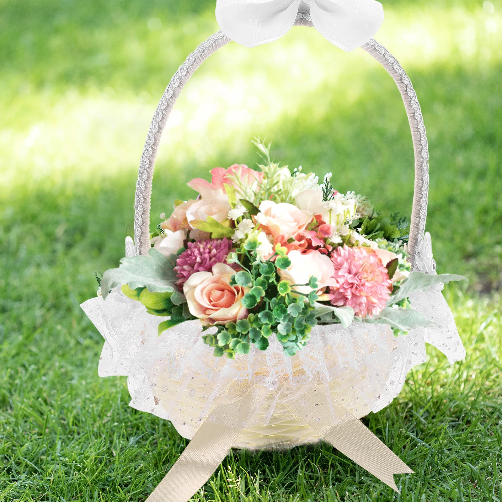 

White 16x21cm H woven Wedding Flower Basket Portable Fruit Petal Girls Accessory Bridemaid H for