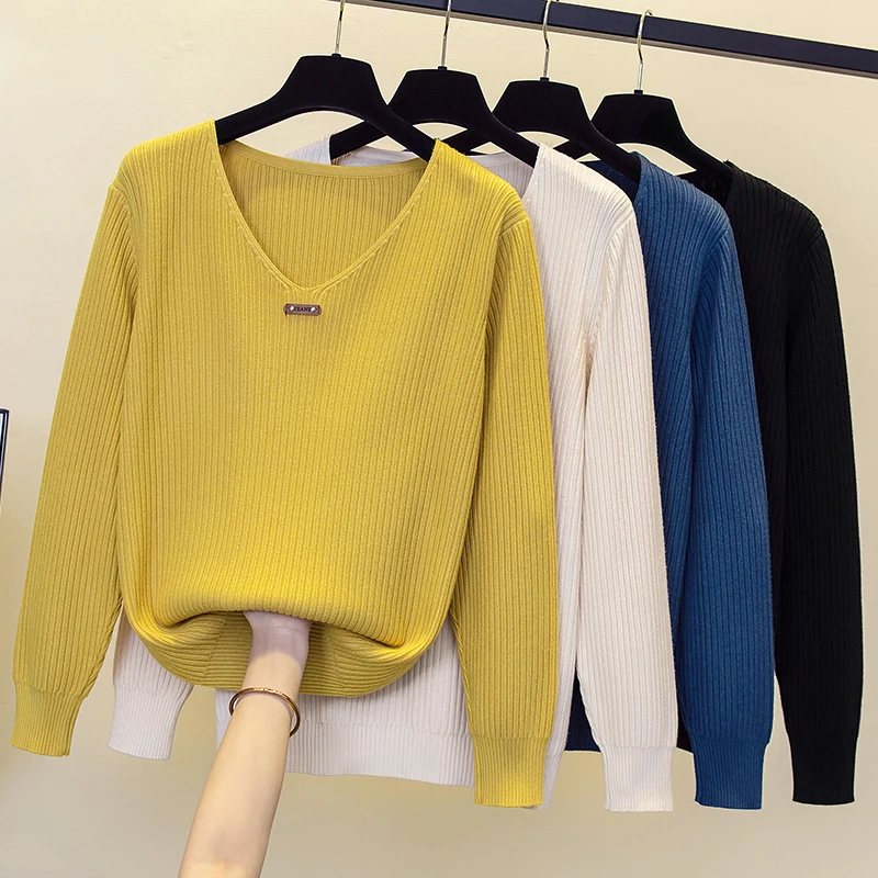 Autumn Winter Women Solid Rib Knit V Neck Stripe Pull Sweater Femme Y2k Long Sleeve Pullover Jersey Tops Fashion Clothes