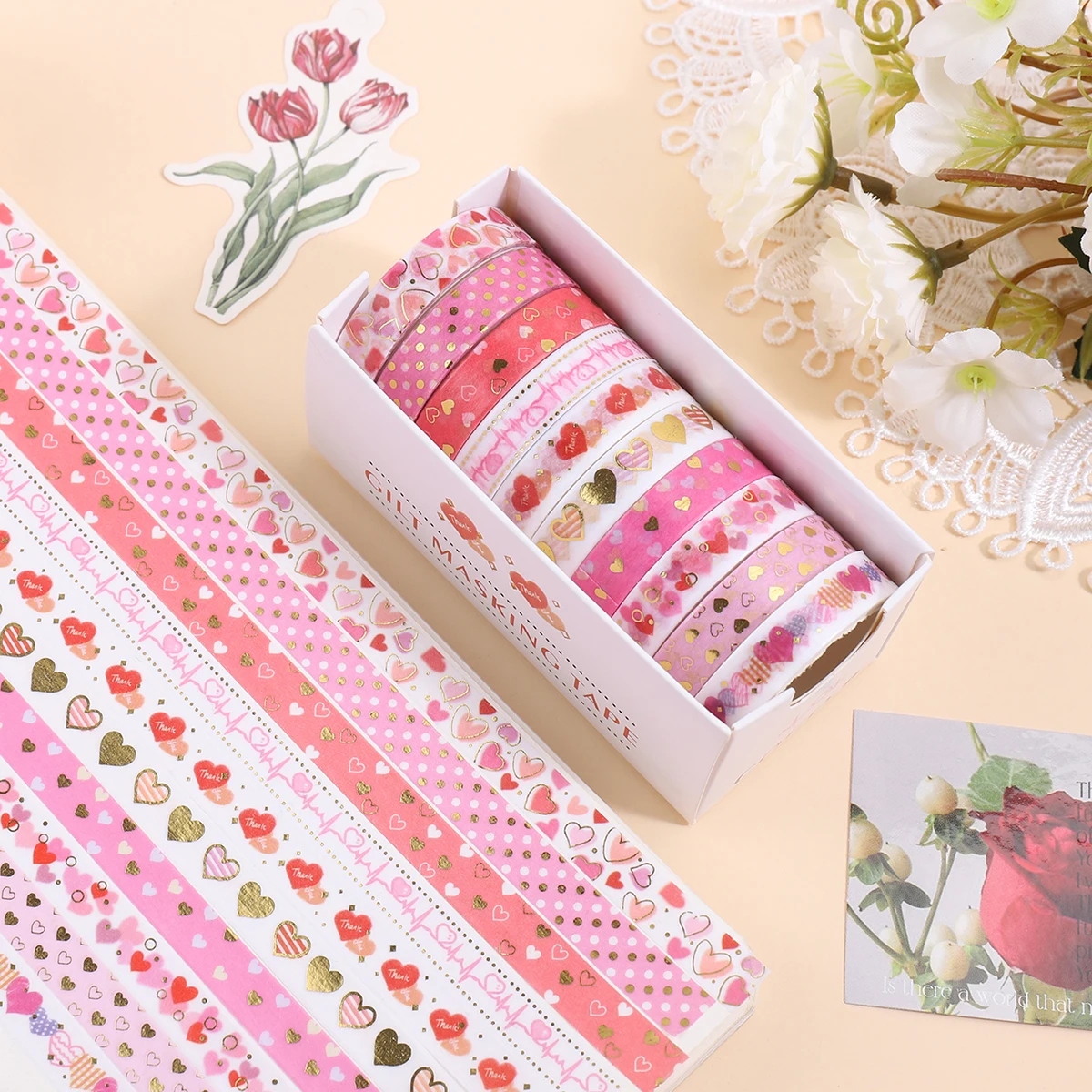 10ロールの金箔ハート柄和紙テープ、DIYノート、パンフレット、ギフトボックスの装飾に適しており、ファッショナブルで美しいです。