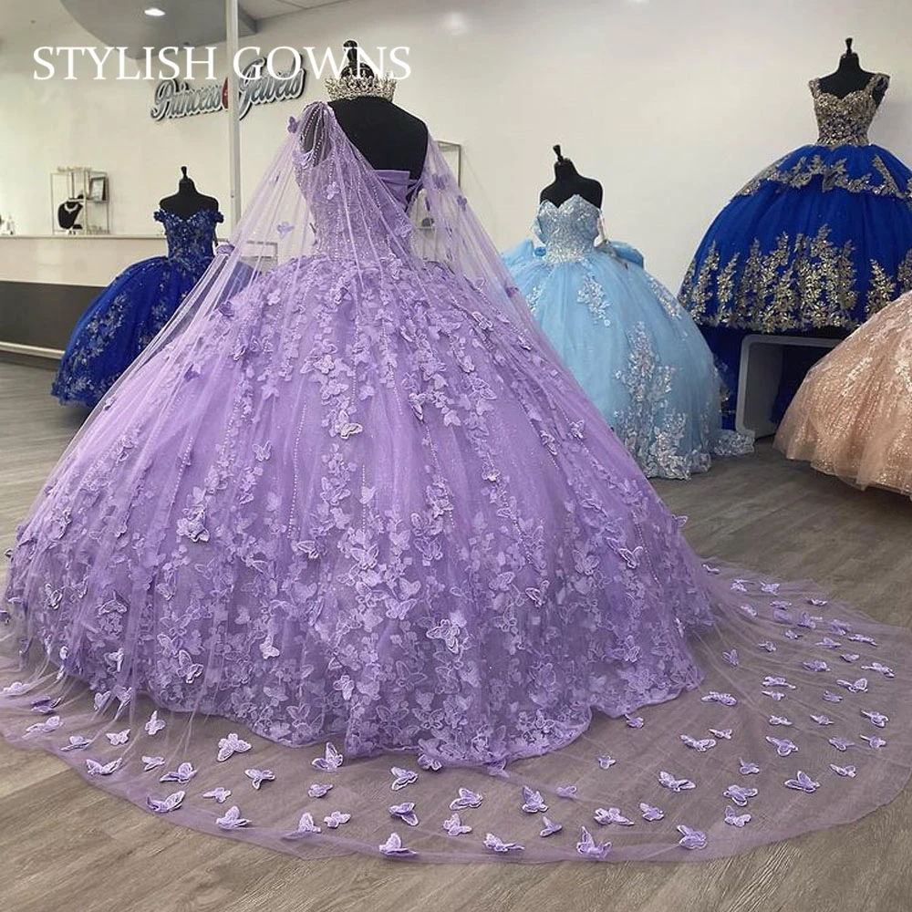 

Mexico Purple Sweetheart Ball Gown Quinceanera Dress For Girl Beaded 3D Flowers Birthday Party Gowns With Cape Prom Sweet 16