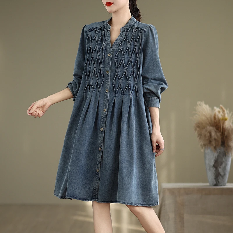 

Loose Large Size Slimming V-Ne Single Button Mid-Length Denim Sle Coat Dr Autumn 2025 Faion Women's Clothing