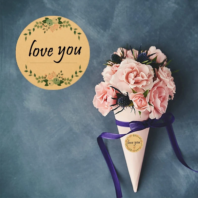 100/500PCS Kraft Paper Flowers Stickers 2inch Thank You Label for Gift Card Package Party Baking Package Decorations Stickers