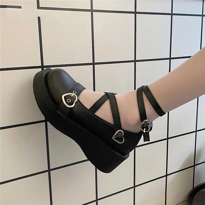 Women Shoes Sweet Lolita Shoes Platform Round Head Thick Heel Cross Bandage Kawaii Shoes Cosplay Mary Jane Shoes Heart Buckle