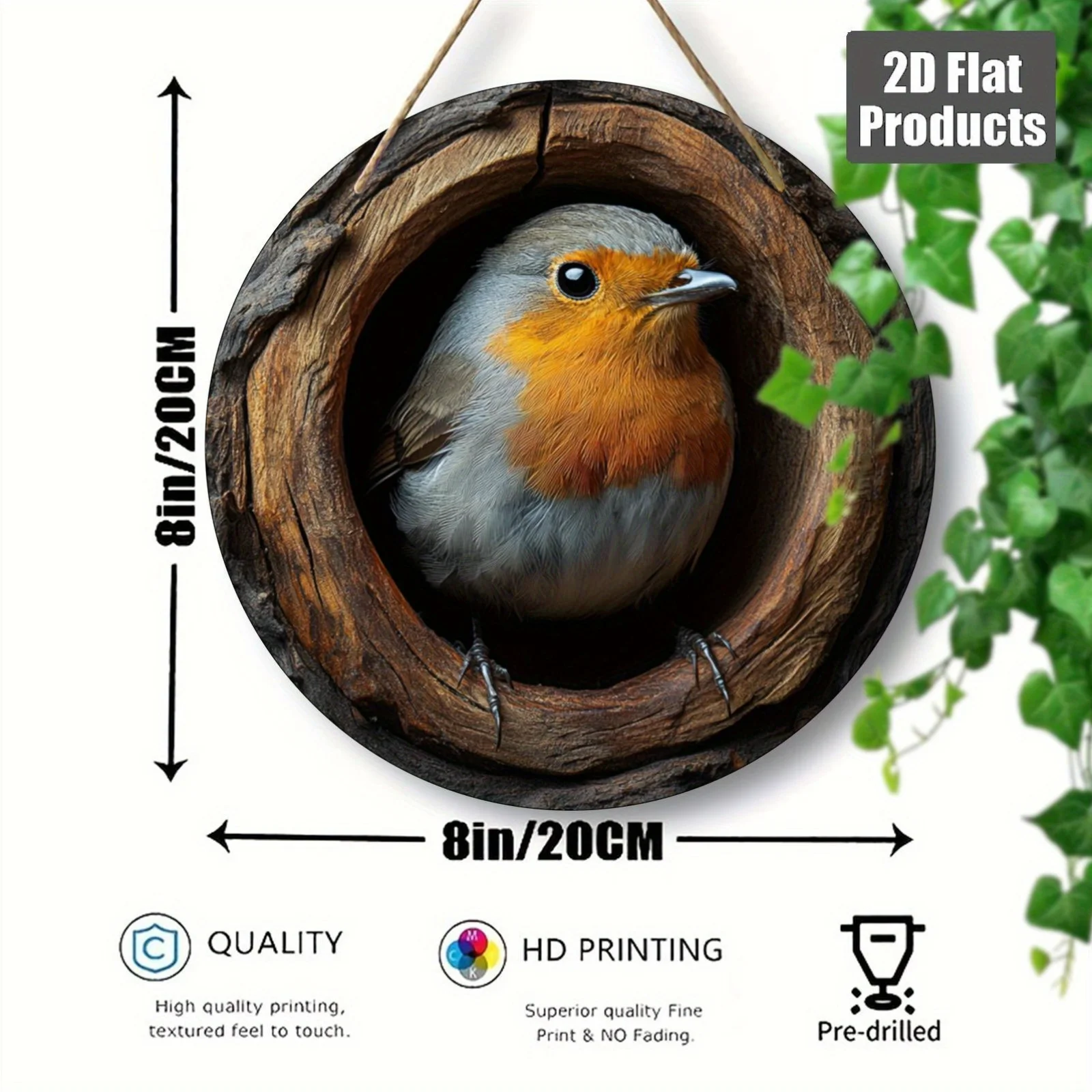 2D Flat - [2D Flat] 2D Printed on a Flat Surface, a Round Wooden Decorative Sign (8*8In/20*20Cm) Featuring a Beautiful Robin The