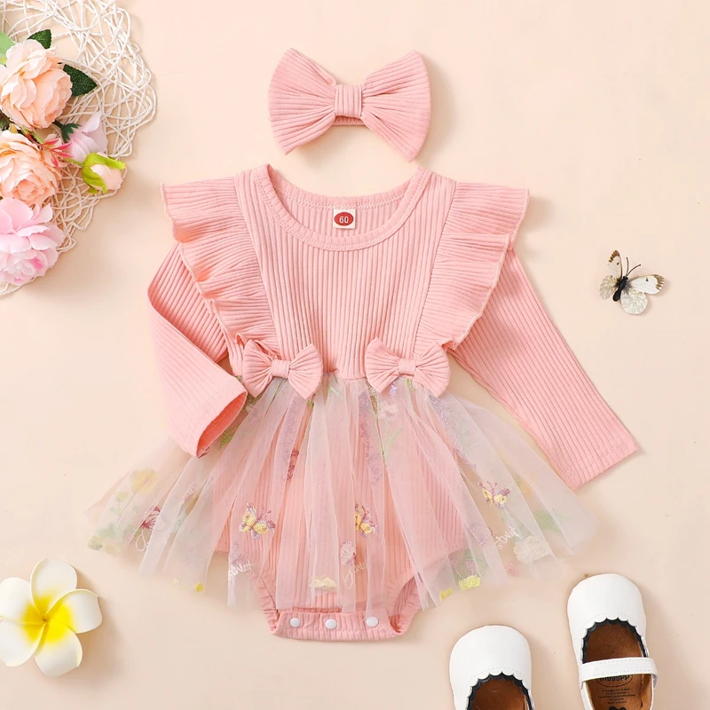 Infant Baby Girls Outfits Newborn Cute Floral Mesh Patchwork Ruffles Long Sleeve Romper Dress Headband  Clothes