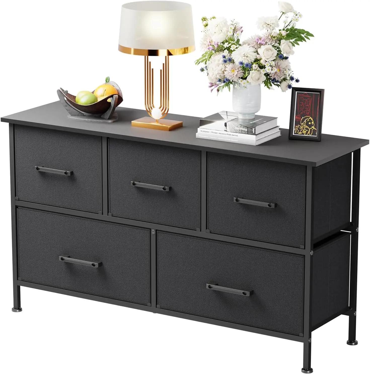 

Комод с 5 тканевыми ящиками для спальни, органайзер с металлическим каркасом и деревянной столешницей для спальни, гардеробной, гостиной