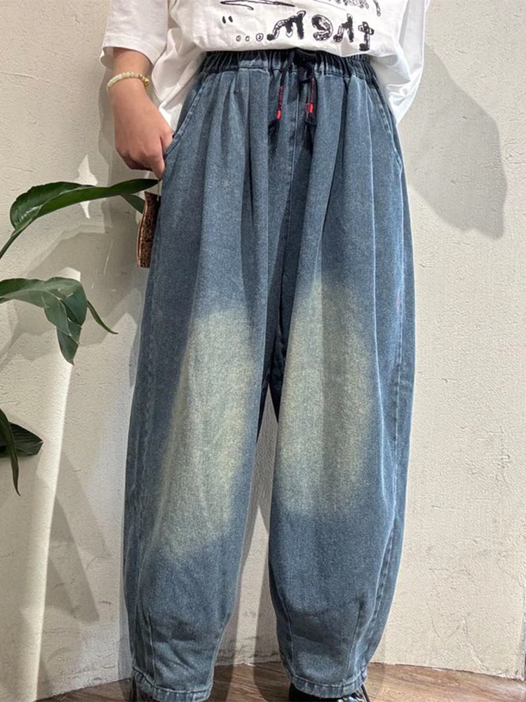 Amax LuluE printemps britannique Vintage jean ample femmes mode classique Denim pantalon femmes décontracté élégant taille élastique pantalon