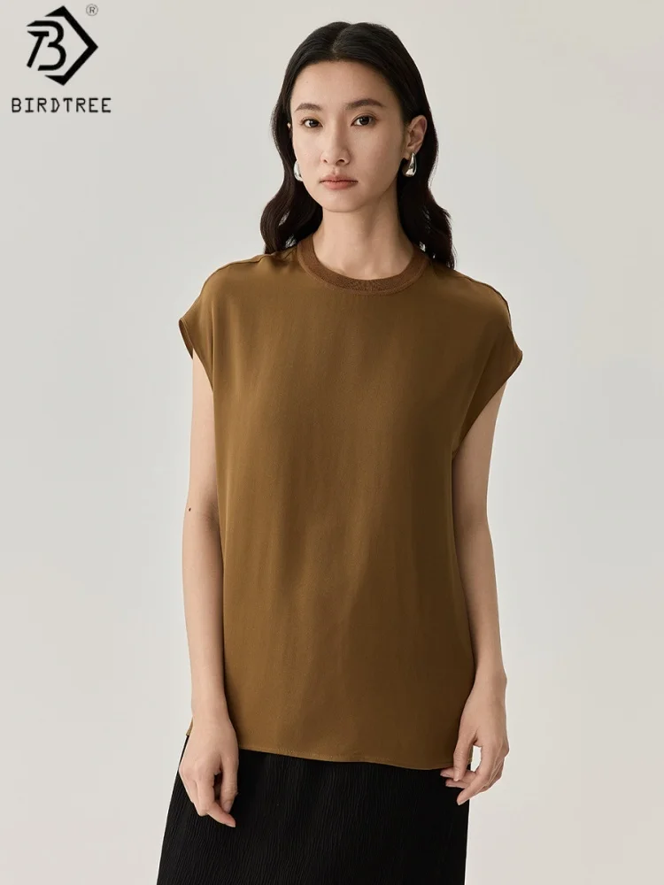 

Birdtree, 90% Real Silk 10% Spandex Tshirt, O-neck Short Sleeve Tops, Women's Solid Chic Basics Shirt, 2026 Summer New T64801JF