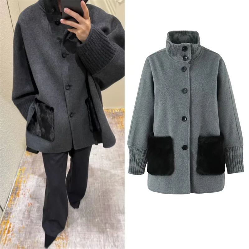 

Women's Coat 2025 Winter New Style Gray Long-Sleeve Stand Collar Knitted Patchwork Mid-Length Loose Coat Casual Fashion