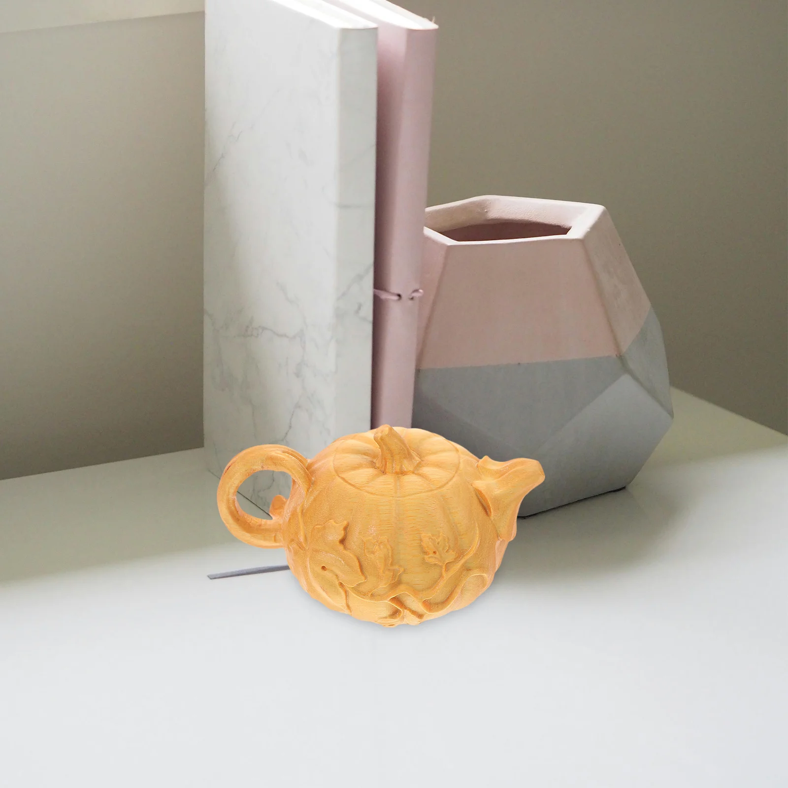 Wooden Carved Pumpkin Kettle Decorative Ornament Meticulous Hand Polished Home Sculpture Wooden Pumpkin Kettle Decor