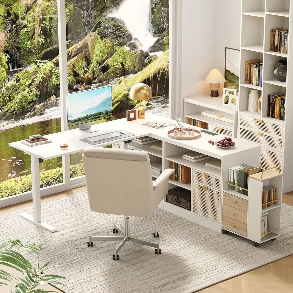 

67 White Rattan L-Shaped Desk with Drawers, Adjustable Height for Standing and Sitting, Ideal for Home or Office