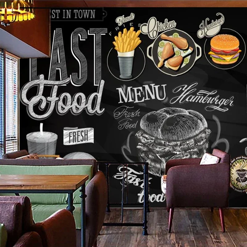 Custom Mural Wallpaper Blackboard Hand Painted Hamburger Fried Chicken Poster Delicious Fast Food Shop Restaurant Wall Painting