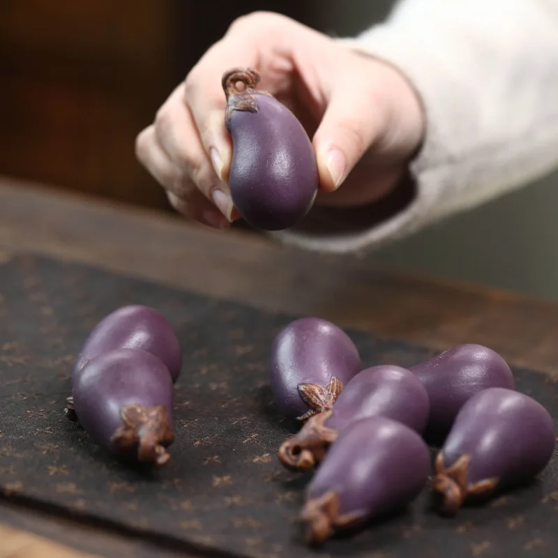 Purple Sand Eggplant Tea Pet Handmade Bionic Plant Vegetable Melon Fruit Tea Set Desktop Ornament Sculpture Cute Home Items