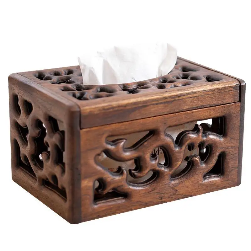 Retro Square Hollow Wooden Coffee Table Tray Living Room Bedrooom Household Solid Wood Paper Box Home Storage Tissue Boxes