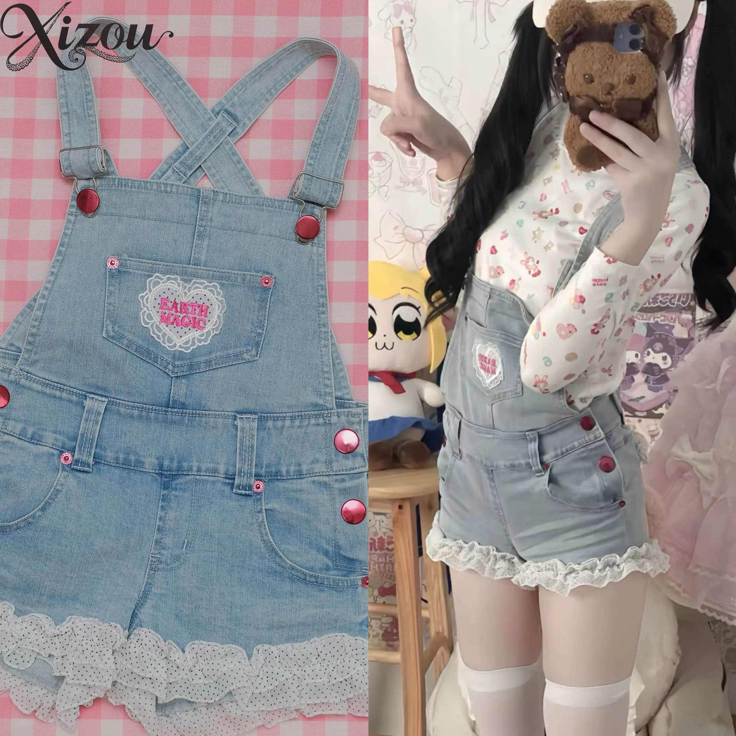 Women Light Blue Denim Overalls Shorts Polka Dot Lace Ruffle Heart Strap Kawaii Sweet Japanese Lolita Cute 2026 Summer Bottom
