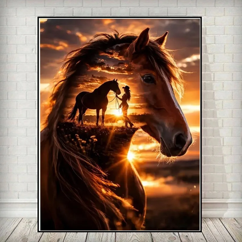 5D DIY Horse Portrait Sunset Double Exposure Diamond Painting Kit with Tools Rhinestones Home Wall Decor Gift for Adults or Kids