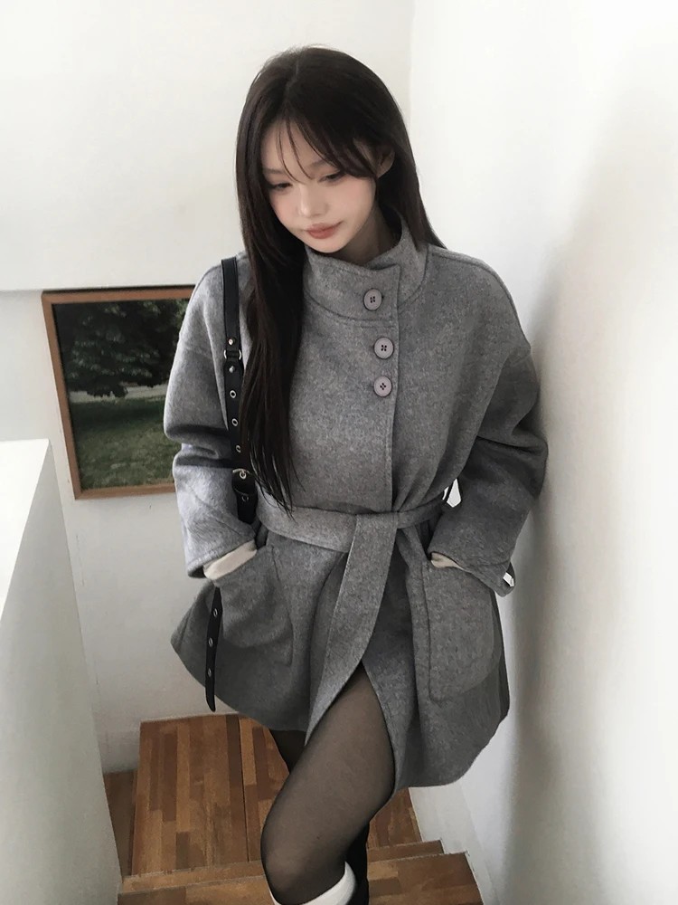 Elegant Mid-Length Woolen Coat Vintage Collar Women's Fashion Outerwear Korean Style Spring Autumn Winter Ladies' Sweater