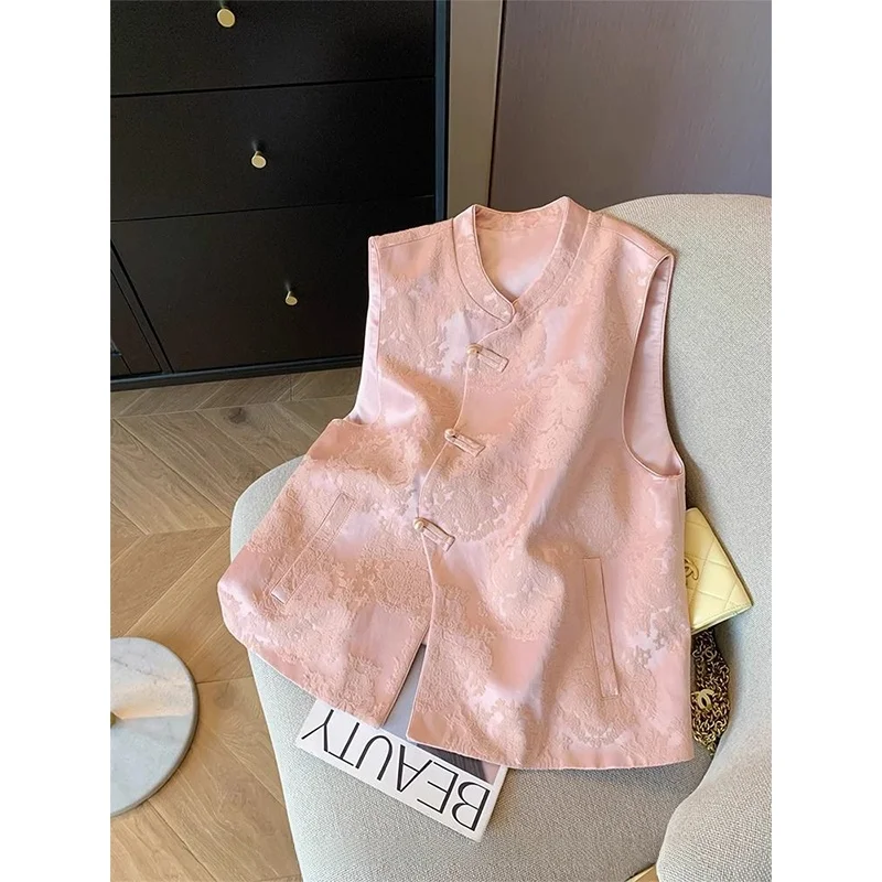 

Pink New Chinese Sle Embroidered Patchwork Women's Vest Spring Summer New Sweet oulder Pad Design Commute Sle Thin Poly...