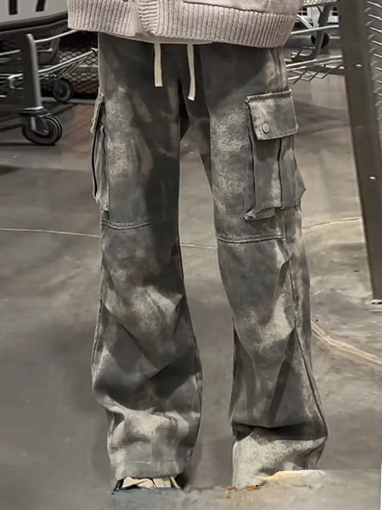 

American Retro Camouflage Casual Pants Men's Summer Large ket Dyed Straight Leg Workwear Jeans Loose Fit mid Waist