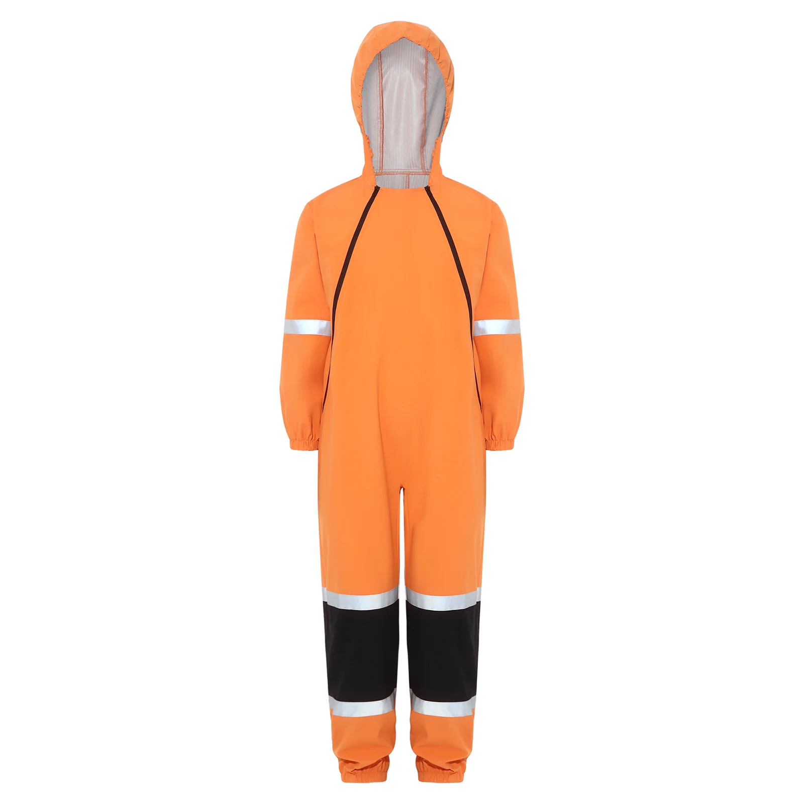 Kids Waterproof Coverall Rain Suit Safety Highly Visible Rain Jumpsuit Long Sleeve Zippers Hooded Raincoat Poncho for Rainy Day