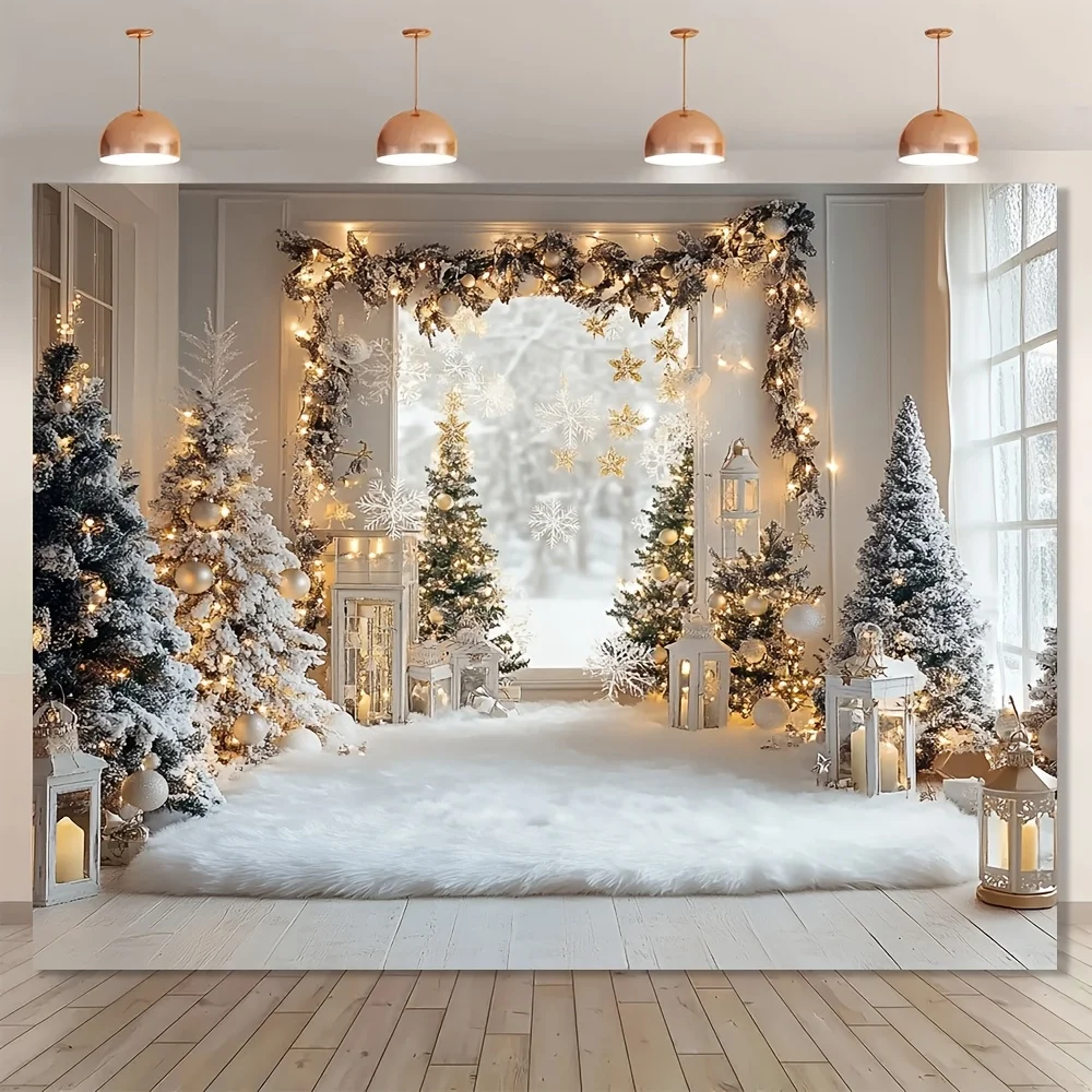 雪の木、白い葉、きらめくストリングが描かれた冬のクリスマス背景-1-個-耐久性-ホリデーパーティーの装飾