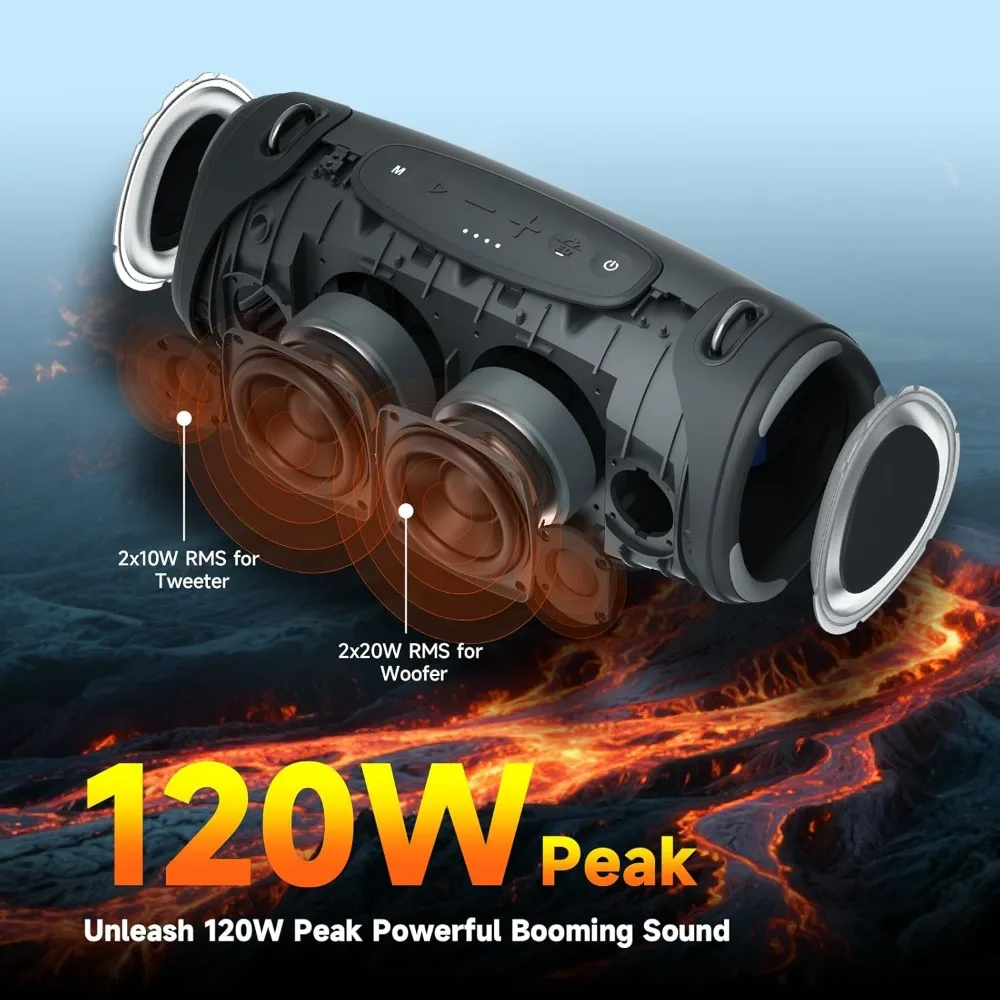 

Portable Bluetooth Speaker 80W RMS,120W Peak Loud Subwoofer Wireless Stereo with HD Sound,8H Playtime IPX7 Waterproof
