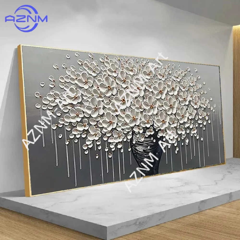 1 Stück, abstraktes weißes und goldenes Blumen-Leinwandgemälde, moderne Drucke und Poster, Wandkunstbilder für Wohnzimmer, Heimdekoration