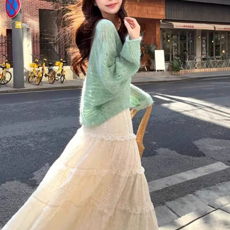 Cardigan fin ajouré pour femme, Style coréen, vert, col en v, court, tricot, Streetwear, manches longues, pulls, printemps automne